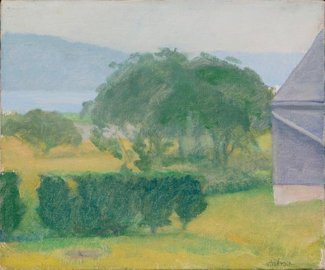 Landscape with hedges in front, group of trees and lilac barn and water with mountains in background
