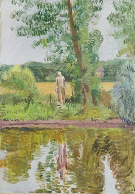 Statue with reflection in pond with trees and landscape