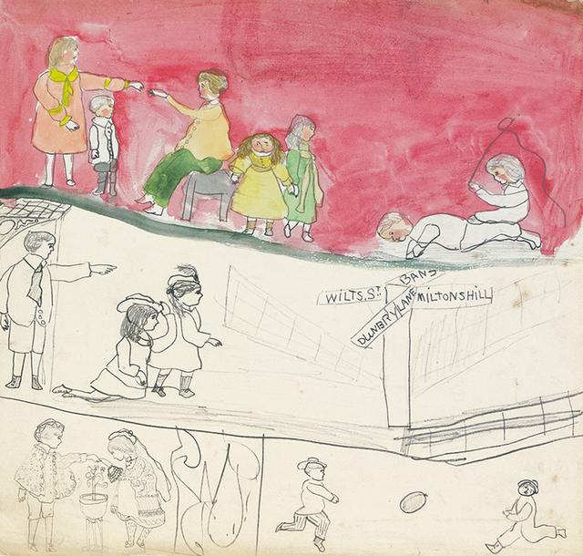 Three sections of figures: top section groups of figures with pink ground, other two sections of figures point towards roadside and figures playing ball and cooking in pencil below
