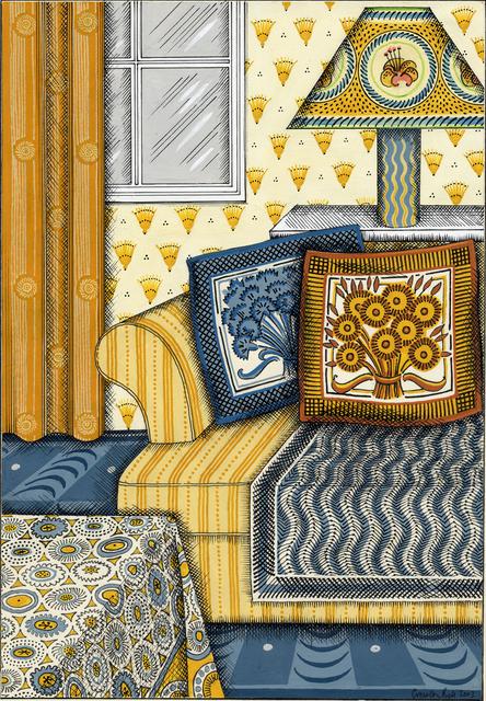 Yellow striped couch with blue and orange pillows on blue patterned carpet in front of orange patterend wallpaper with decorative lamp, table, and curtained window