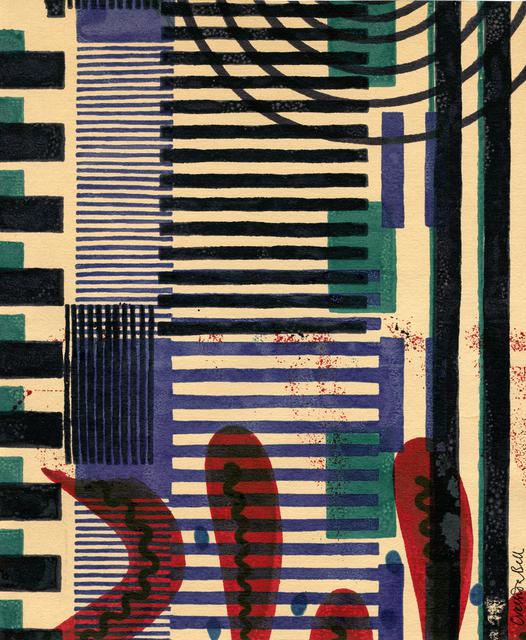 Black and blue horizontal stripes with teal rangtacngles and red oval shapes at botton in abstract design
