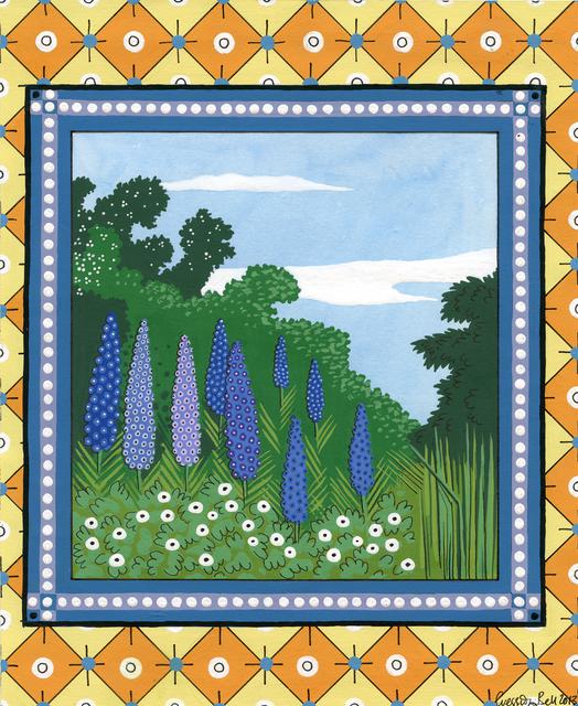 Purple and blue flowers in green grass and shrubbery with blue partly cloudy sky in square on orange and yellow patterned background