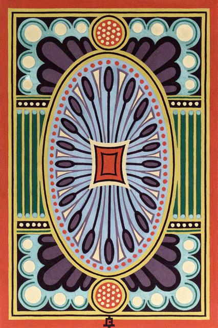 Blue oval with purple and turquoise geometric shapes in a pattern in larger orange rectangle