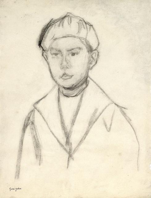Bust of boy in collared outfit wearing a beret
