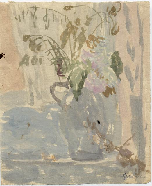 Grey vase with fading flowers in front of blue background