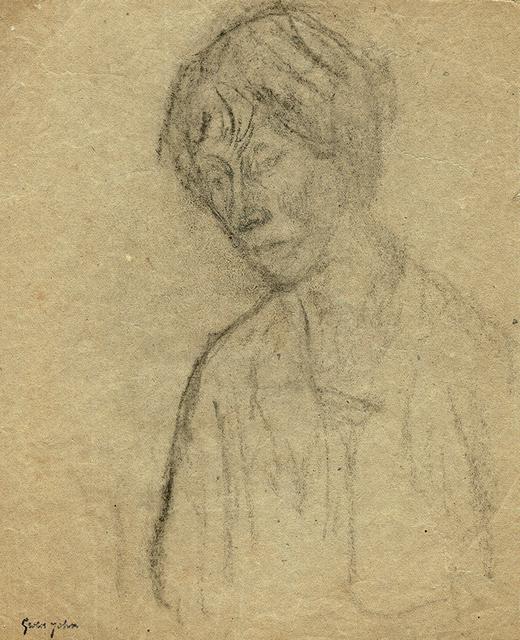 Bust and head of woman with short hair and bangs, looking down