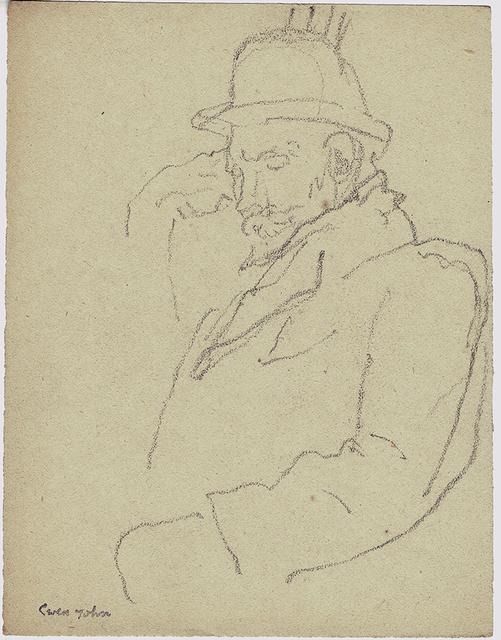 Man in hat and coat, seated with head resting on hand