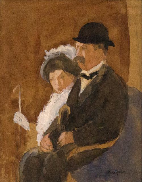 Man with black coat and hat and mustache seated next to woman in white hat and dress