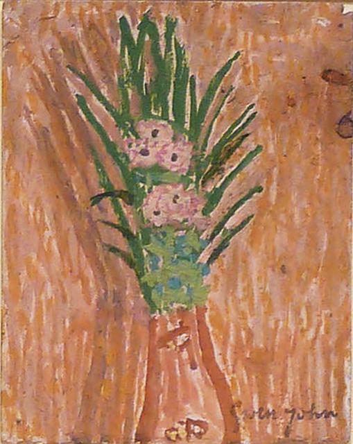 Pink flowers and green pointy leaves in center with brown vase on brown background