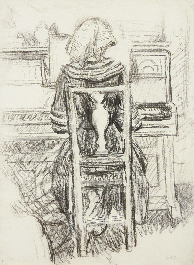 Figure seated facing away in chair at the piano wearing a kerchief