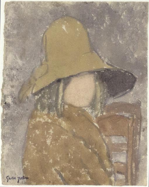 Faceless girl wearing brown cloak with tall wide-brimmed hat seated in front of lilac background