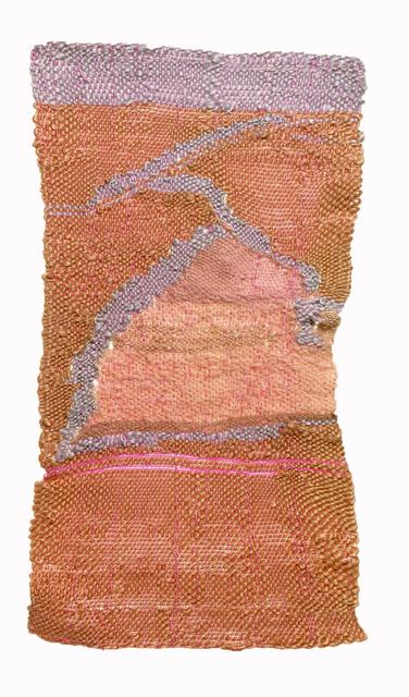 Terra cotta rectangle with lilac band at top, moving line and pink shapes within weaving