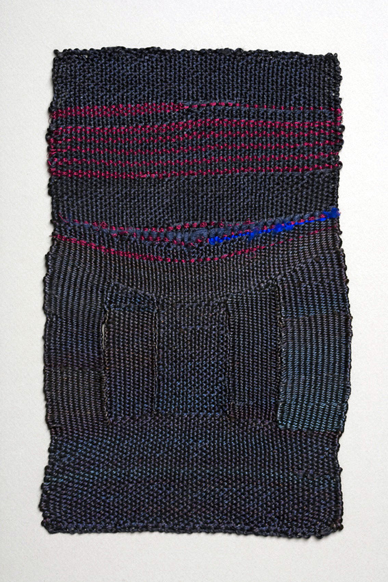Steel grey weaving with magenta bands at top with blue woven