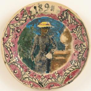 Plate with figure in blue dress and yellow hat by marble post, with pink and white patterened edge
