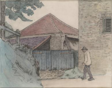 Building with red roof behind blue fence, brick building at right, with figure with black hat and cane at right