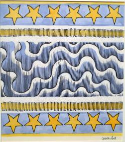 Design with six yellow stars at top and bottom separated by horizontal yellow bands around squiggly blue and white clouds