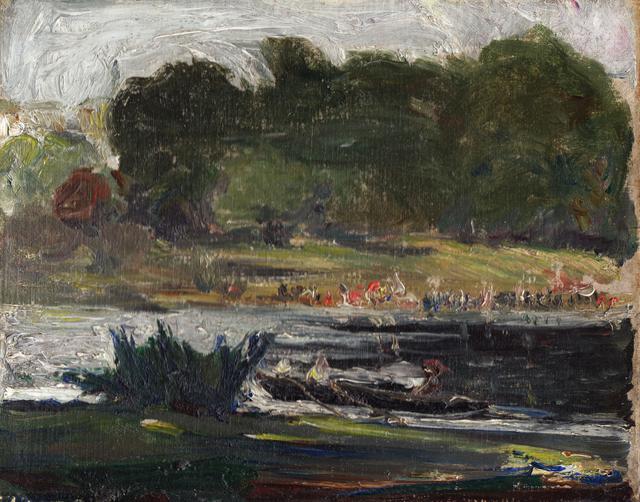 Landscape with lake in the center of composition with trees and shrubs in foreground and background