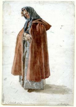 Woman in blue dress and rust colored cloak looking down with arms crossed