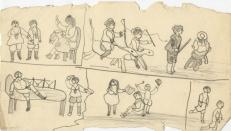 Small figures of boys and girls playing in comic strip style