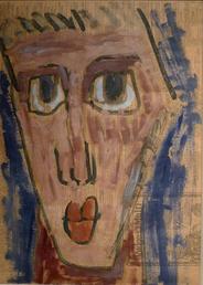 Close up of face with rosebud lips and large eyes with blue ground on tan paper