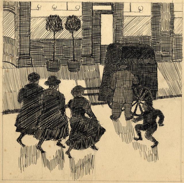 Three figures in a line with two figures by a carriage on stree by storefront with two plants