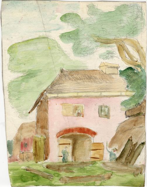 Pink house with large door on green landscape with tree at right and treetops behind