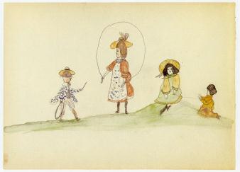 Figure at left playing with hoop, second figure jumping rope, third figure from left seated on hill, and small figure on right facing left holding string