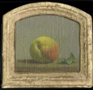 Yellow peach with orange patch and green leaf at right on table in artist's frarme