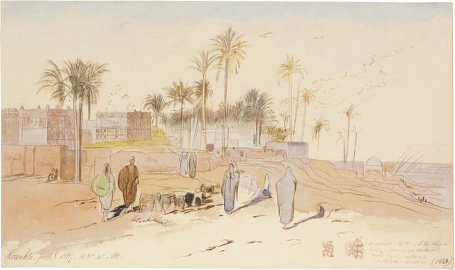Figures with sheep on beach, houses and water