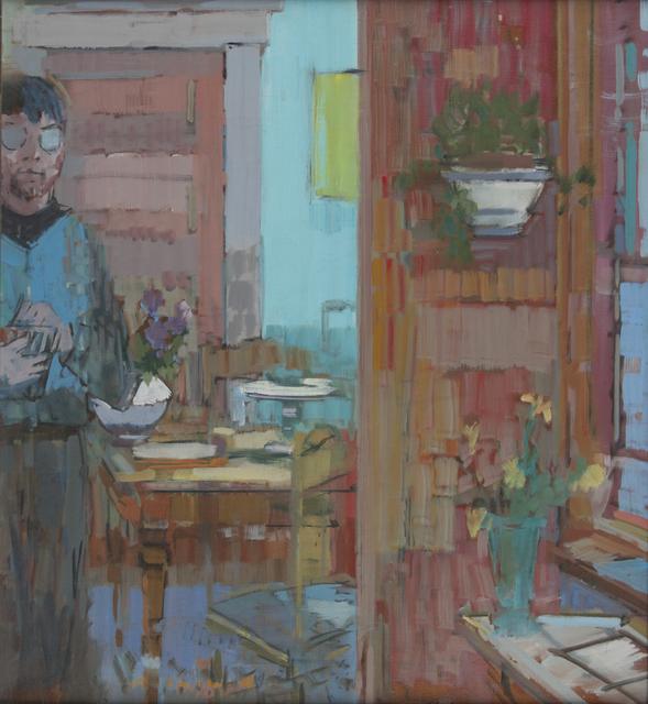Figure with glasses and blue shirt standing at left of room with table and wall with hanging plant and vase of flowers on ledge