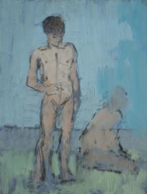 One standing bather and one sitting bather on green ground with grey horizon and blue sky