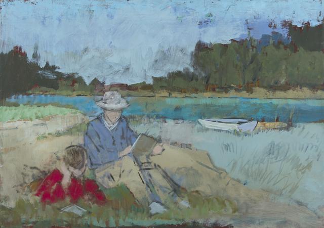 Man in blue hat reading next to figure in red coat on beach in front of pond and landscape