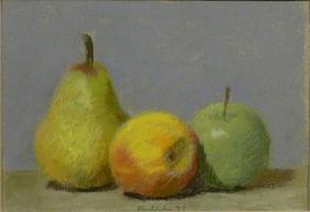 Green pear at left with yellow peach at centerr and green apple at right in a cluster on table