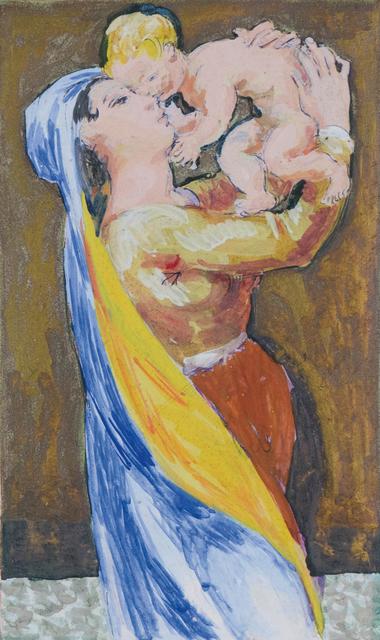 Standing woman in blue cloak ho,ds blonde baby above her with the baby kissing her cheek