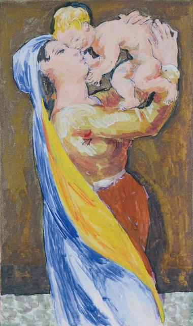 Woman in blue cloak holding blonde baby above her head with baby kissing her cheek