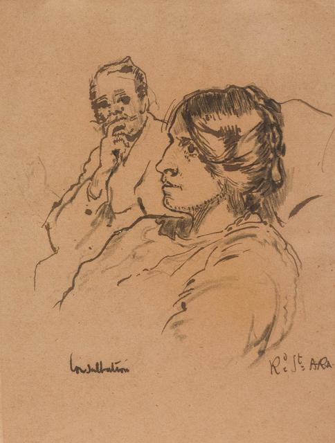 Woman with hair up seated in front of man with mustache on tan paper