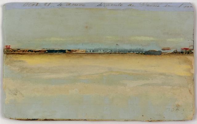 Light yellow and blue landscape with sky and small structures on the horizon with line of text at top