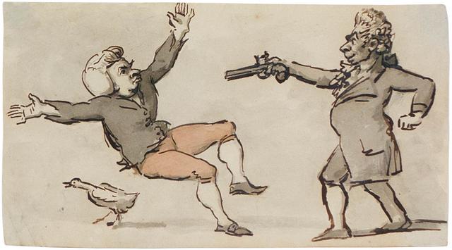 Mand with wig and coat pointing pistol at man falling backwards with bird below him
