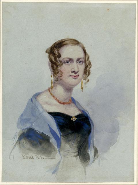 Bust of female figure in with blue dress and light blue shawl, blonde hair in curls with coral necklace and gold earrings