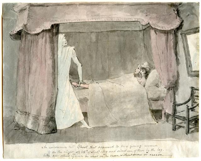 Two figures with in a bed with pale figure at left bottom of canopy bed in room with chair and mirror
