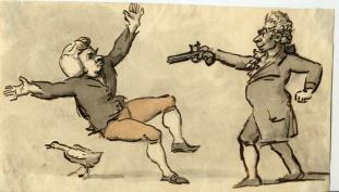 Mand with wig and coat pointing pistol at man falling backwards with bird below him