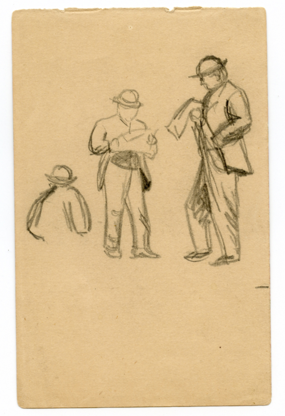 Three figures wearing hats standing and reading at top half
