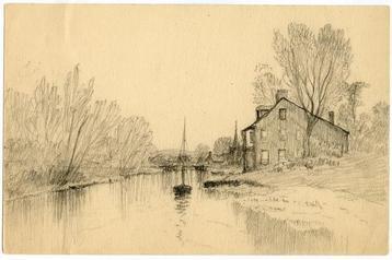 River with house and boats with trees on left side