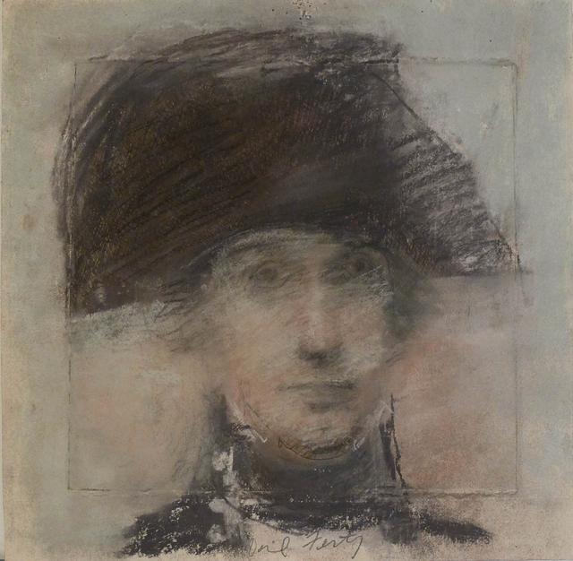 Head of man with large black hat and black scarf with hazy texture