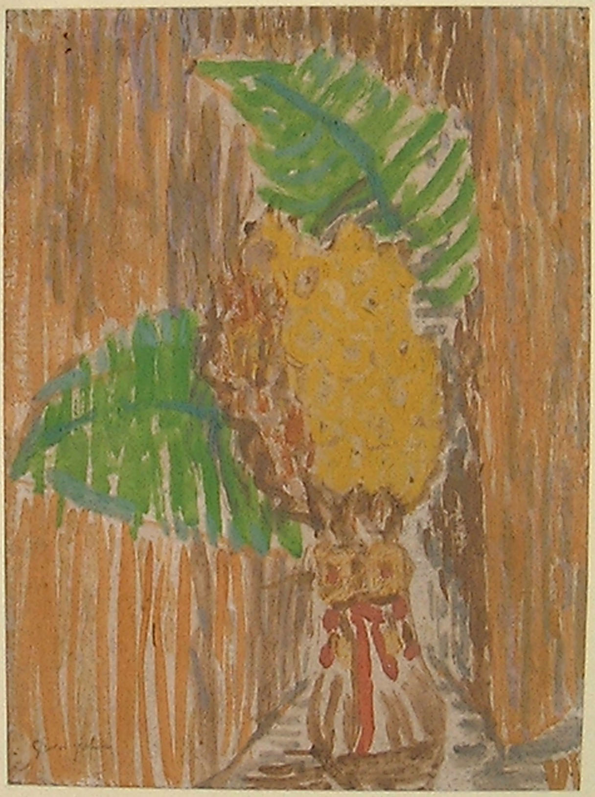 Yellow flowers in brown vase with two large green ferns