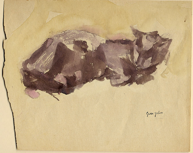 Black cat, laying on its side, facing right