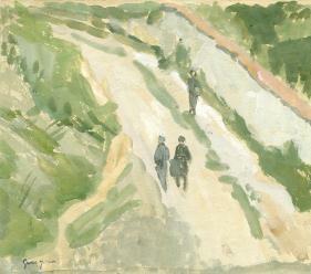 Two figures walking on tan path on green hill