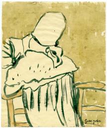 Green outlined drawing of girl on chair wearing a hat