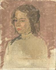 Head of girl with brown hair facing left