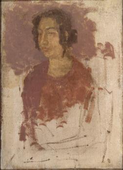 Head of woman in mulberry dress, unfinished with white of canvas and sketchy outline visible